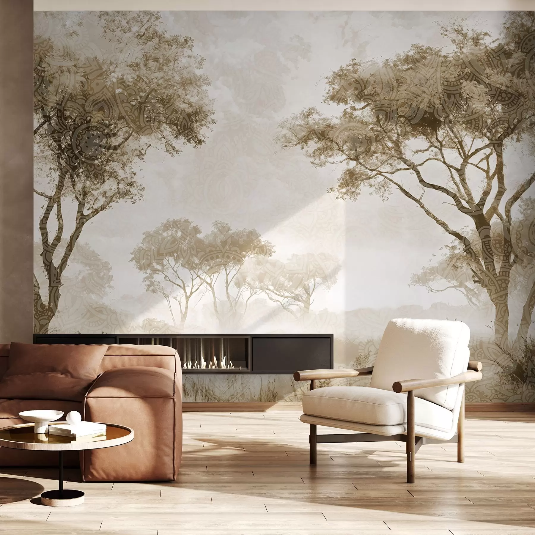 murales de pared Un paisaje brumoso y sereno con árboles silueteados en primer plano y una suave niebla en tonos marrones y beige w08442v2
