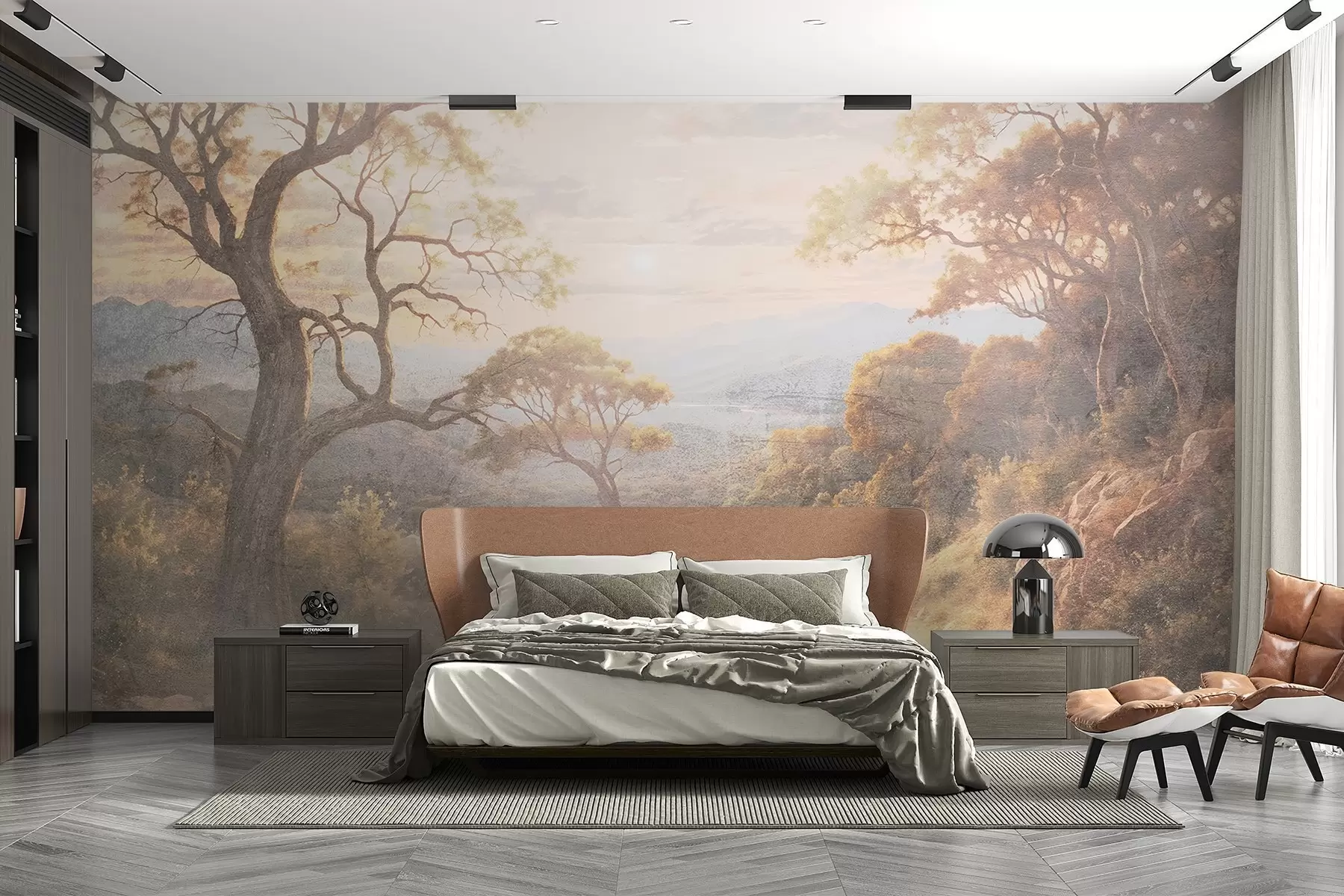 murales de pared Un sinuoso camino de tierra a través de un frondoso bosque otoñal con árboles altos y retorcidos y la cálida luz del sol w08446