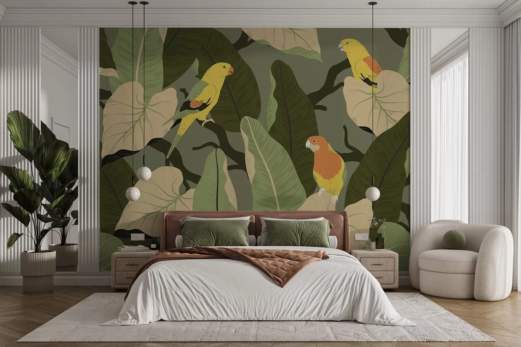 murales de pared hojas tropicales con loros w02402