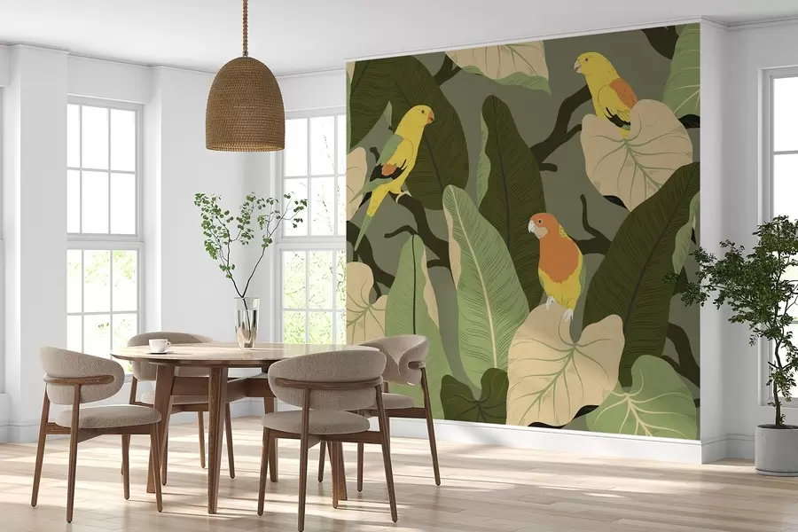 murales de pared hojas tropicales con loros w02402