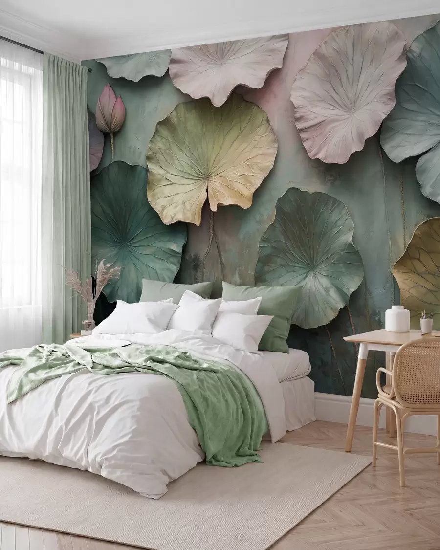 murales de pared hojas de loto en estilo pastel con efecto volumen w02441