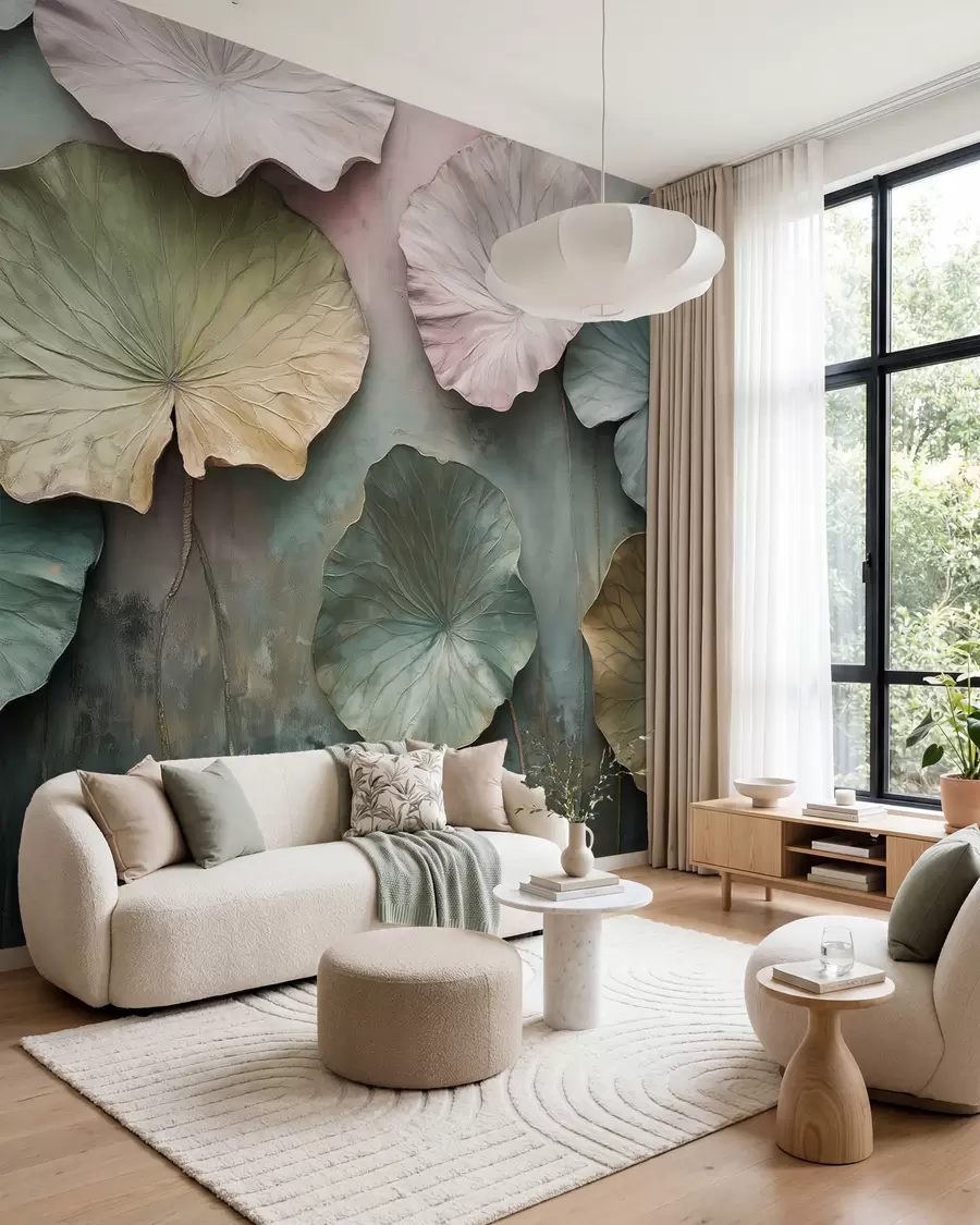 murales de pared hojas de loto en estilo pastel con efecto volumen w02441