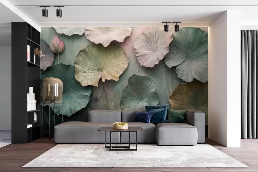 murales de pared hojas de loto en estilo pastel con efecto volumen w02441