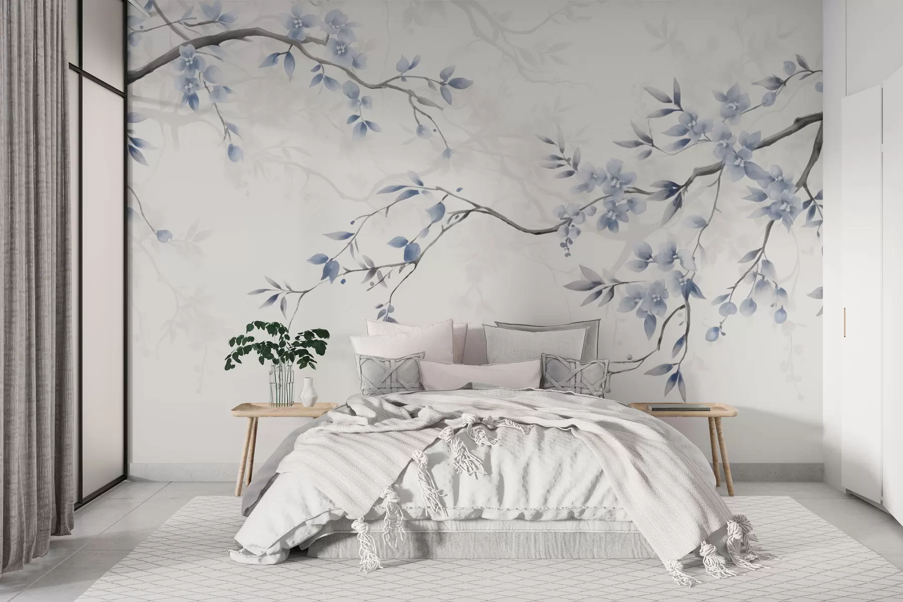 murales de pared Ramas de moda con flores y hojas w02449