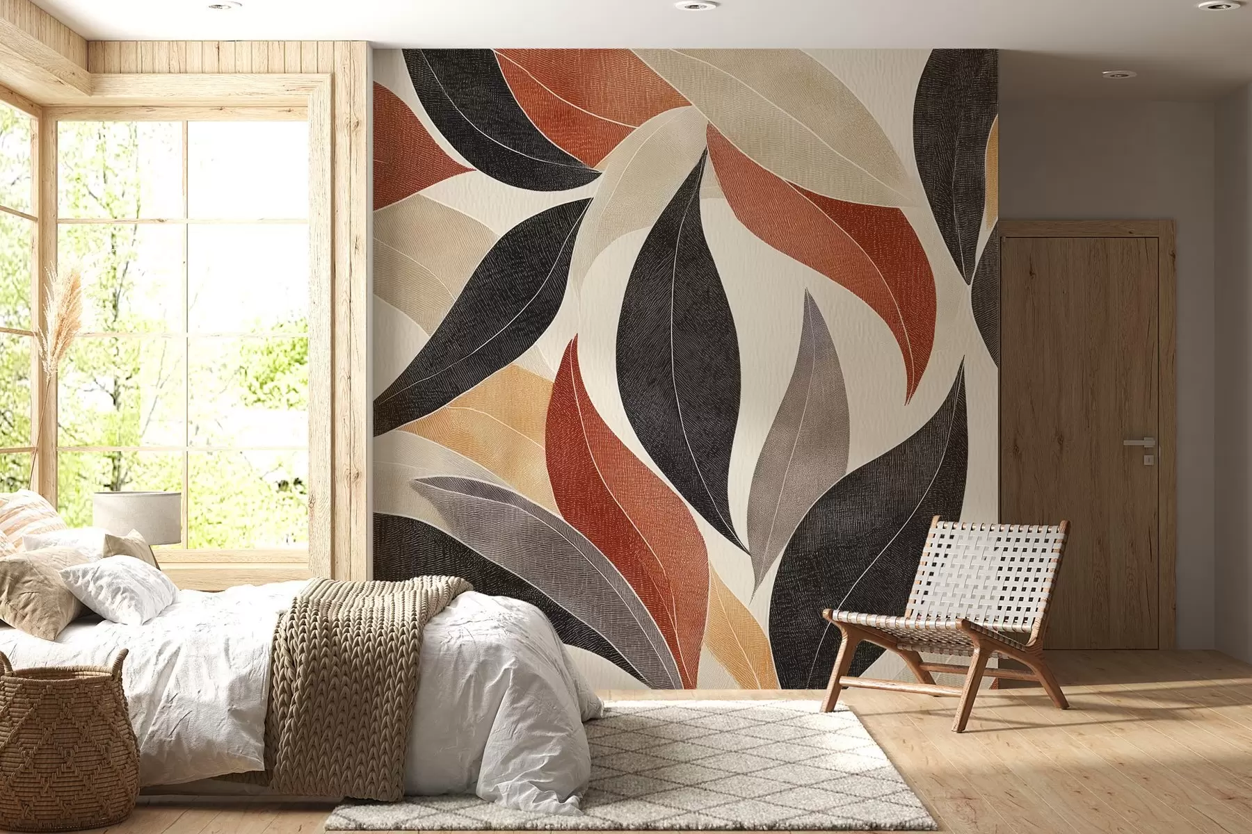 murales de pared hojas abstractas en una paleta de tonos terrosos: beige, terracota y gris oscuro w02452