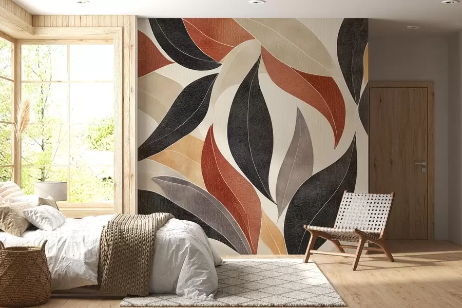 murales de pared hojas abstractas en una paleta de tonos terrosos: beige, terracota y gris oscuro w02452
