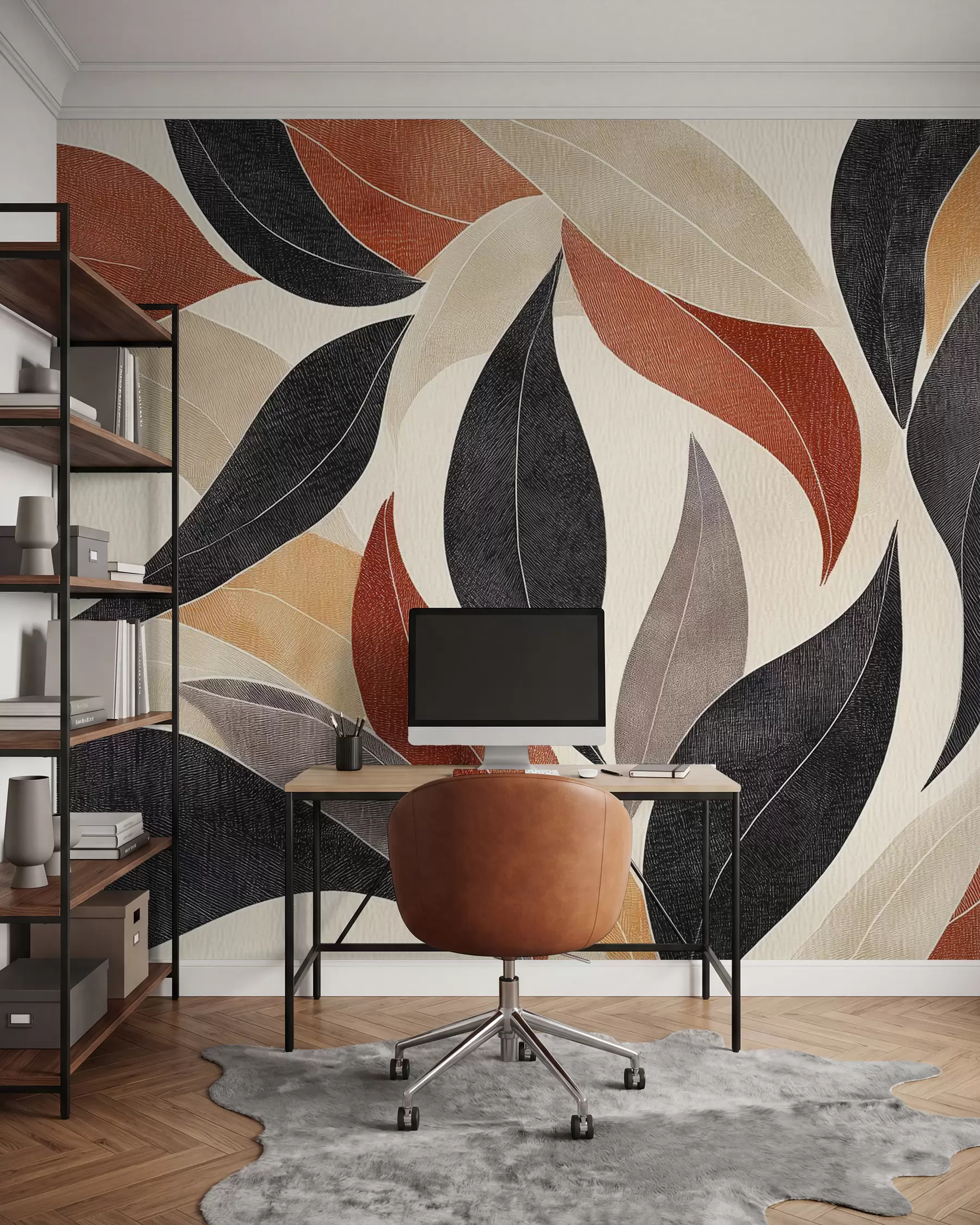 murales de pared hojas abstractas en una paleta de tonos terrosos: beige, terracota y gris oscuro w02452