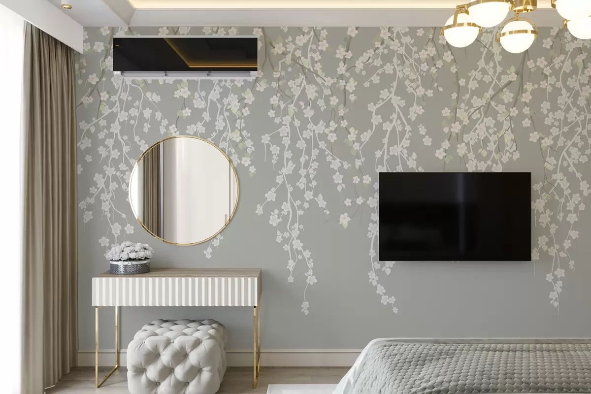 murales de pared Ramas delicadas con flores sobre fondo gris w02479v1