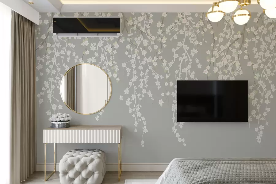 murales de pared Ramas delicadas con flores sobre fondo gris w02479v1