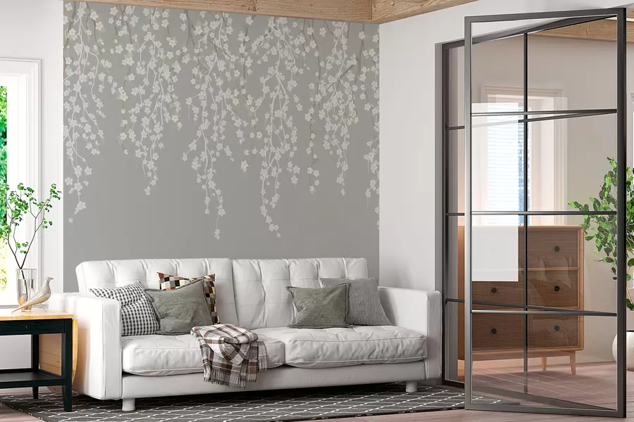 murales de pared Ramas delicadas con flores sobre fondo gris w02479v1