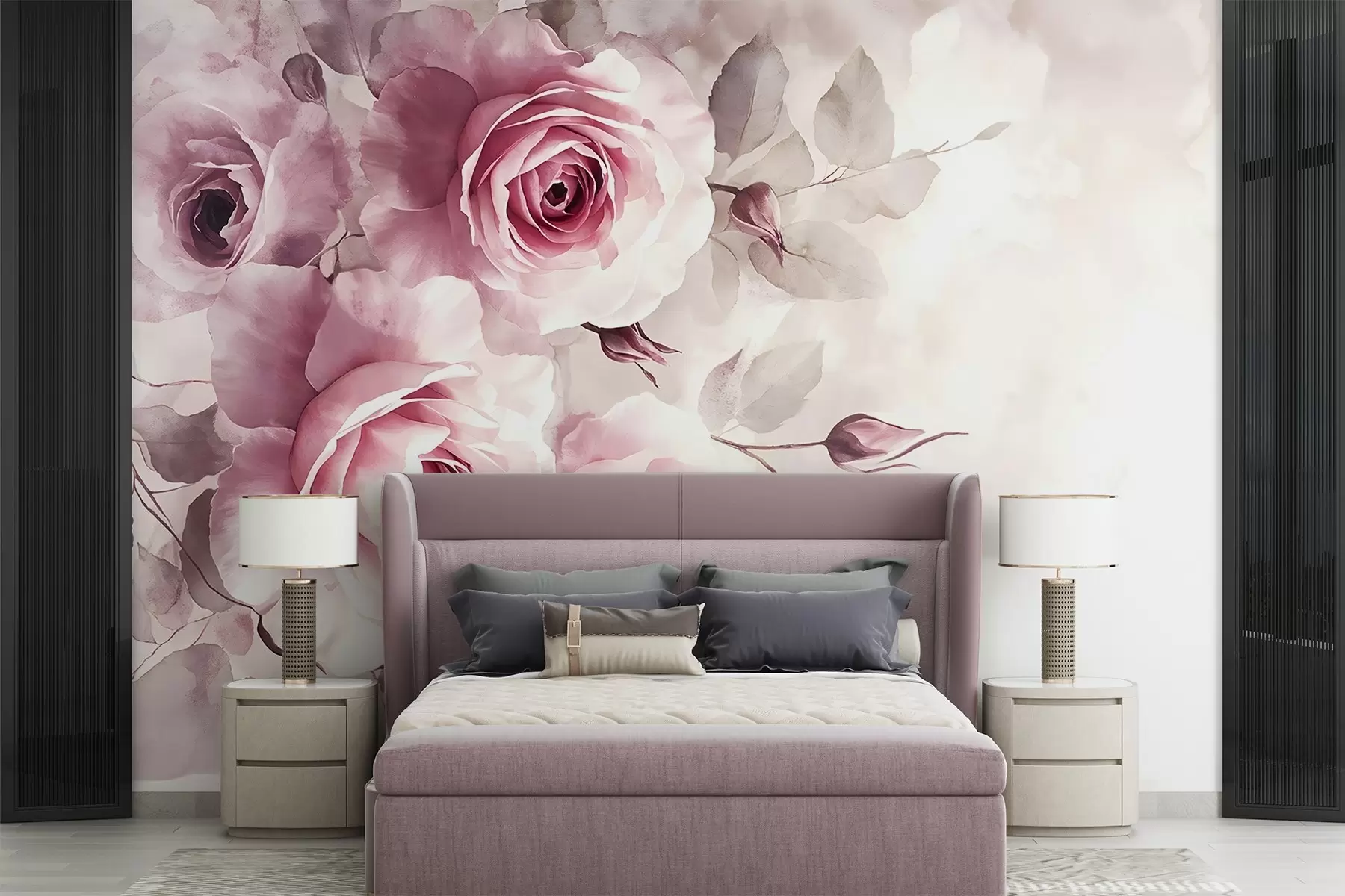 murales de pared Delicadas rosas y hojas rosa pastel con fondo suave y difuminado imitación acuarela w08459