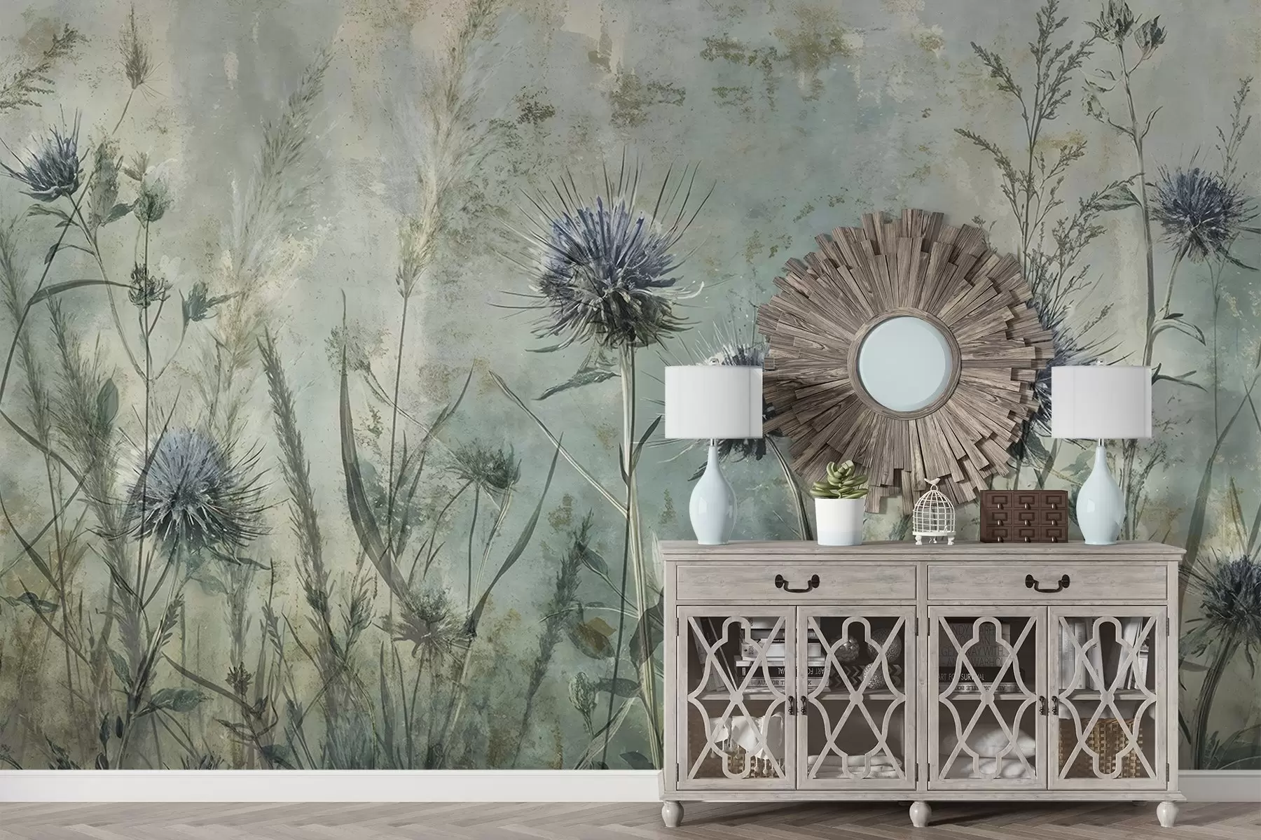 murales de pared Un campo de flores de cardo púrpura con flores borrosas y follaje en el fondo de textura vintage w08463
