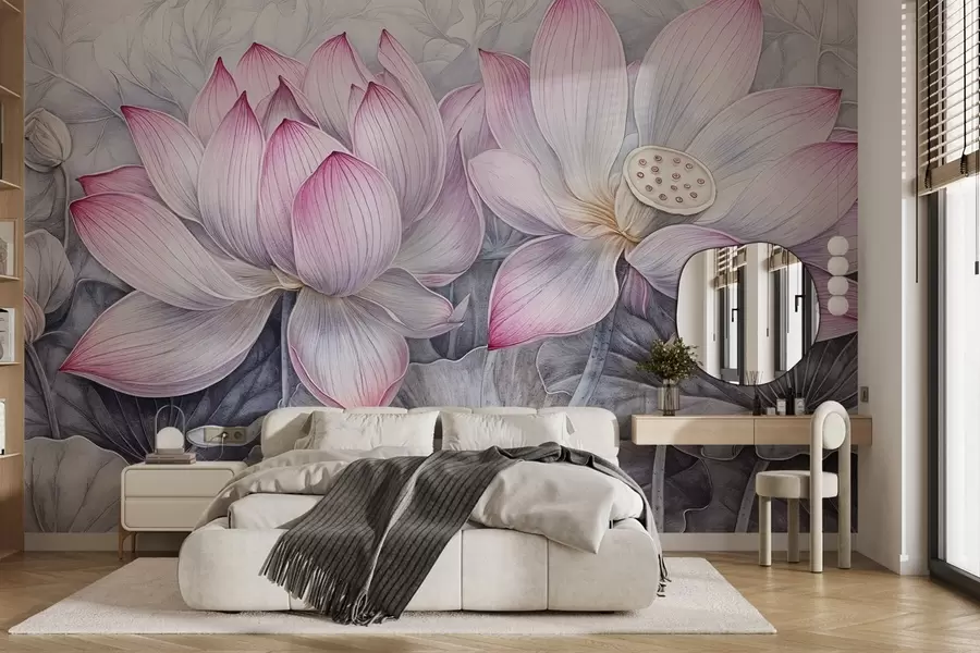 murales de pared Varias flores de loto rosas grandes con textura detallada y hojas y tallos de color verde grisáceo sobre un fondo claro w08465