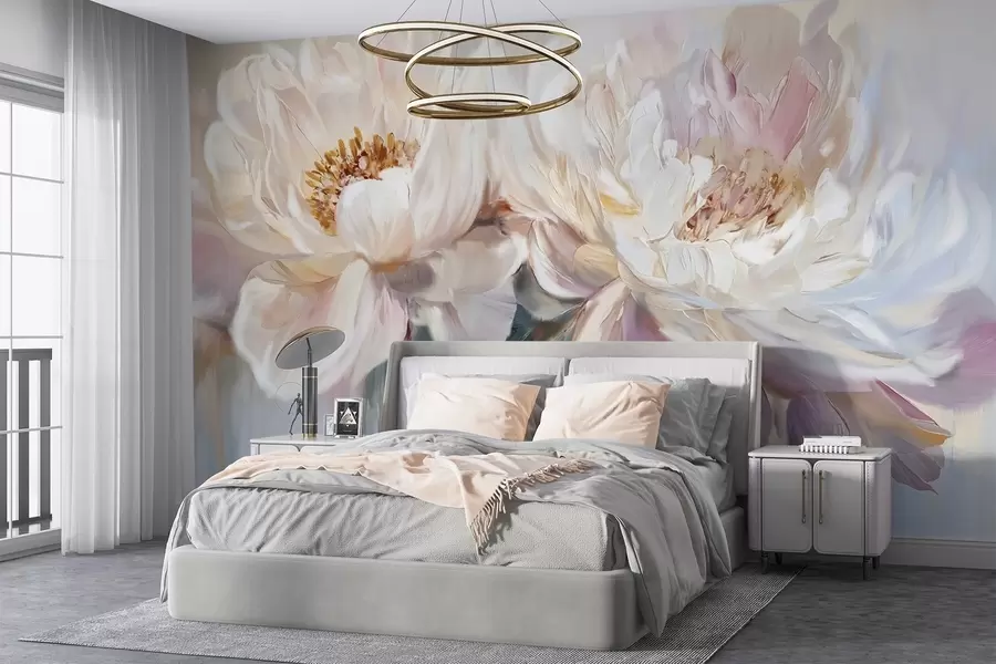 murales de pared Suaves y delicadas peonías blancas y rosa pastel con exuberantes pétalos sobre un fondo difuminado que imita una pintura w08466