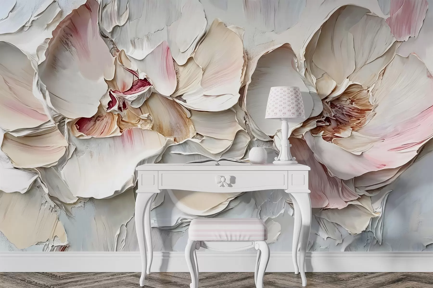 murales de pared Delicadas flores de color rosa pálido con suaves pétalos en capas sobre un fondo de textura apagada imitación de pintura al óleo empastada w08467