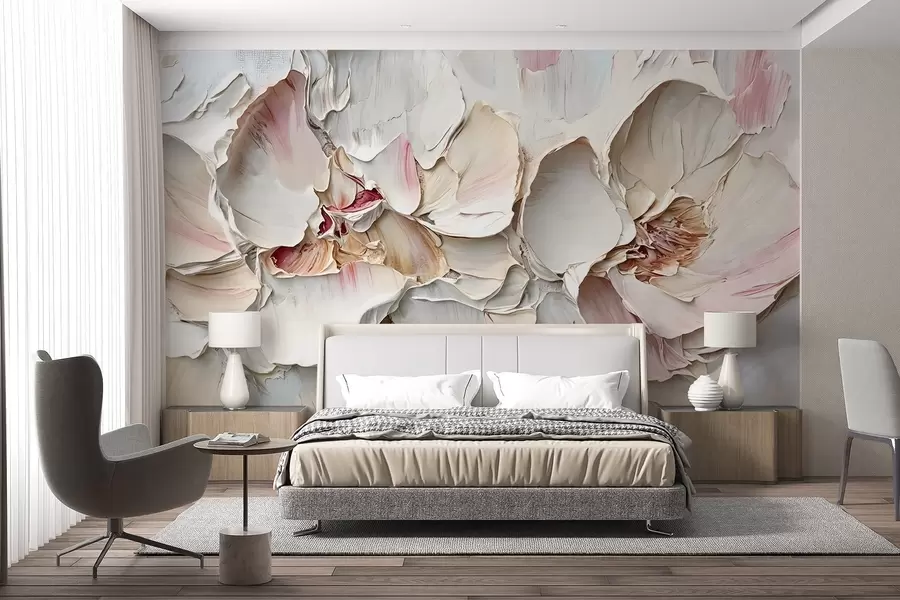 murales de pared Delicadas flores de color rosa pálido con suaves pétalos en capas sobre un fondo de textura apagada imitación de pintura al óleo empastada w08467