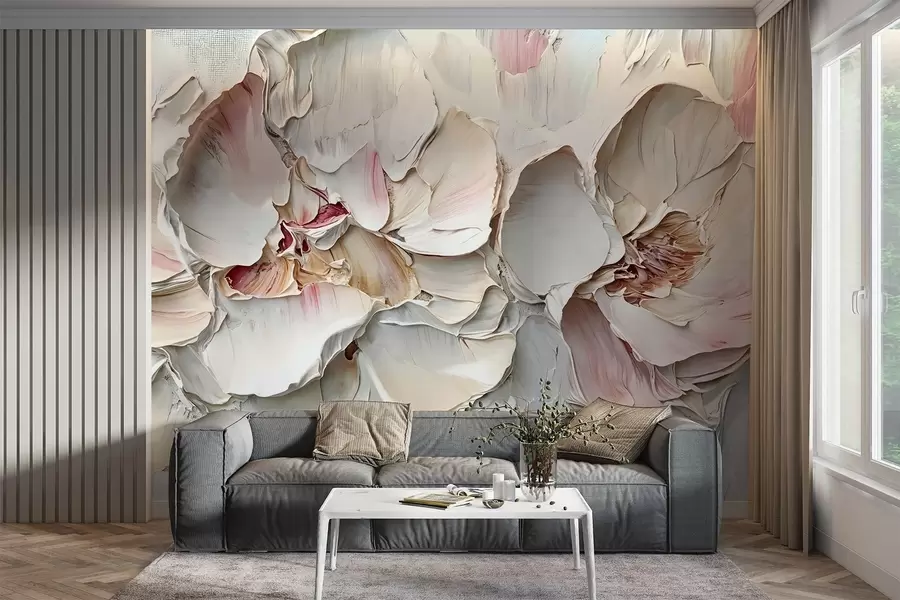 murales de pared Delicadas flores de color rosa pálido con suaves pétalos en capas sobre un fondo de textura apagada imitación de pintura al óleo empastada w08467
