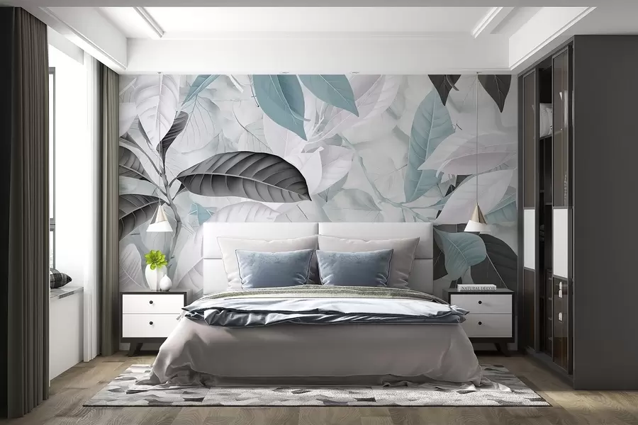 murales de pared Gran estampado de hojas azules y grises sobre un fondo con textura de hojas claras, que crea una exuberante sensación tropical w08468v1