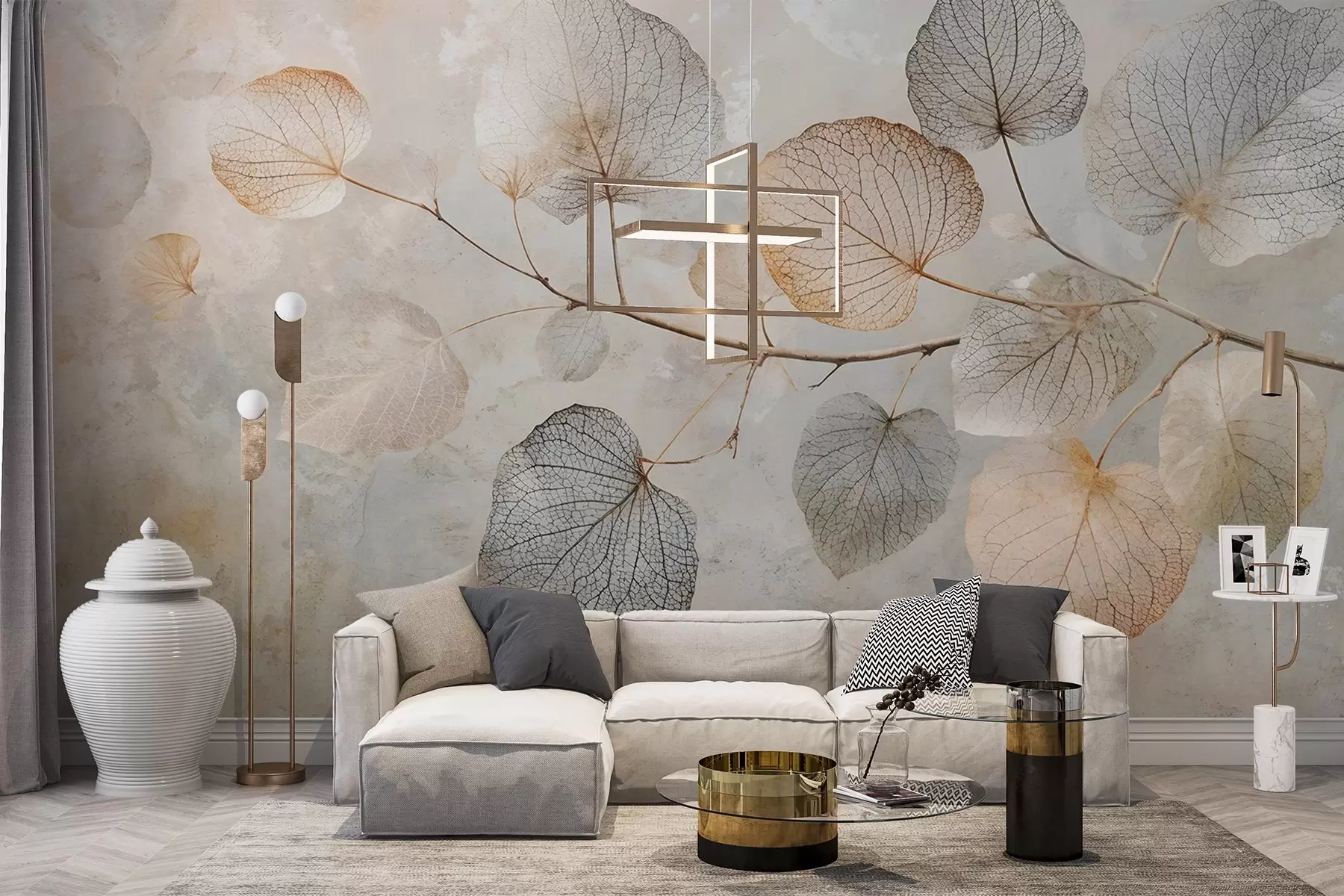 murales de pared Delicadas hojas con intrincadas vetas y colores suaves y apagados sobre un fondo de textura pálida w08469