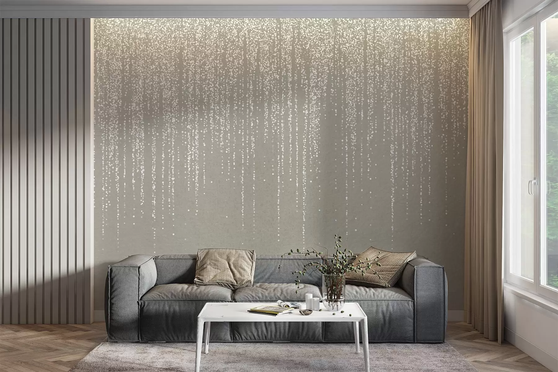 murales de pared Un elegante estampado vertical de guirnaldas punteadas sobre un fondo de textura beige, que crea una sensación de profundidad y movimiento w08470