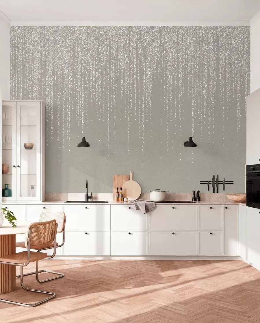 murales de pared Un elegante estampado vertical de guirnaldas punteadas sobre un fondo de textura beige, que crea una sensación de profundidad y movimiento w08470