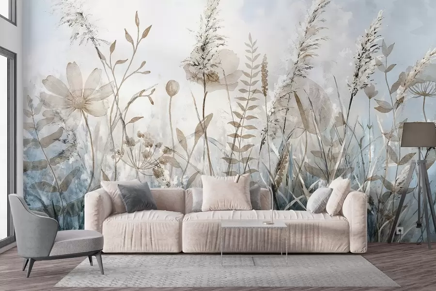 murales de pared Un campo de hierba alta, follaje natural y plantas con texturas suaves y difusas contra un cielo nublado y brumoso w08472