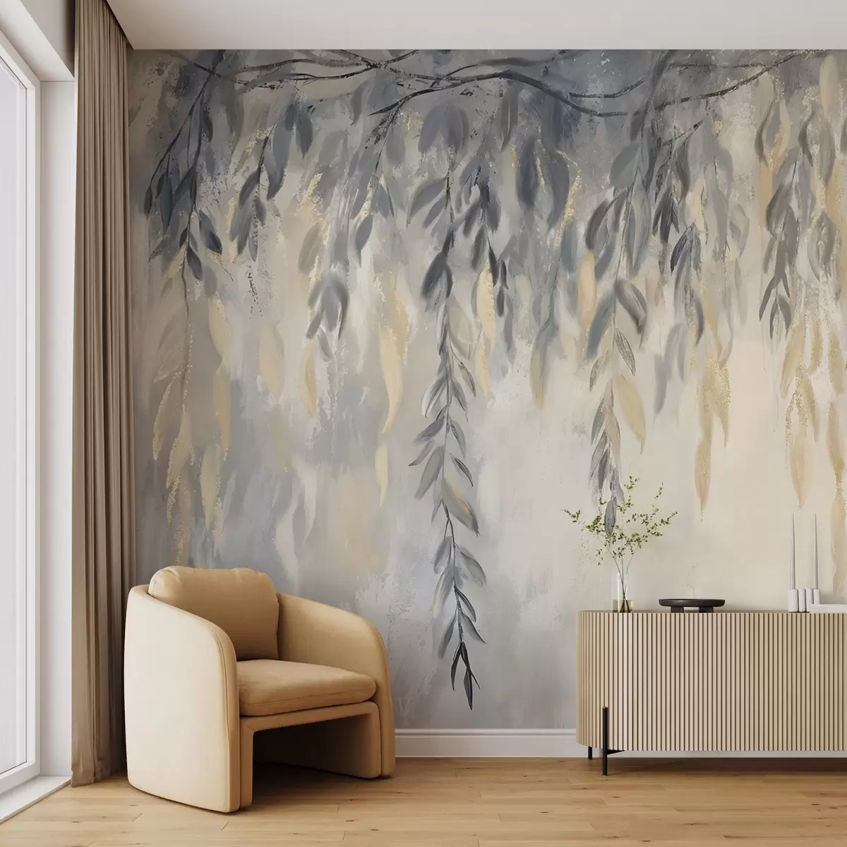 murales de pared Ramas de sauce con delicadas hojas colgando sobre un fondo de textura suave y difuminada w08473