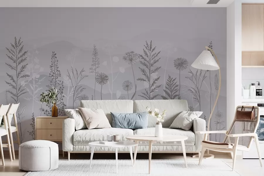 murales de pared papel pintado ecológico, flores silvestres en tonos grises w02443