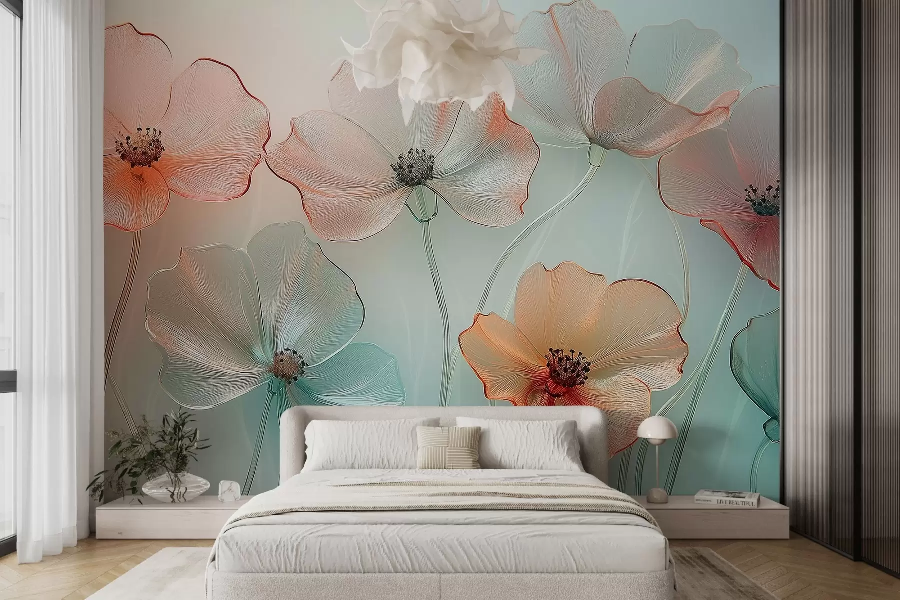 murales de pared flores de amapola imitación cristal en colores delicados w02519