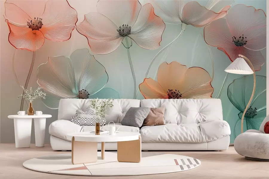 murales de pared flores de amapola imitación cristal en colores delicados w02519
