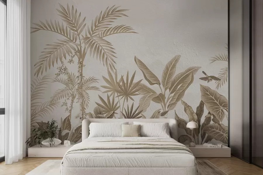 murales de pared Selva tropical con palmeras y pájaros en tonos sepia w08496v1