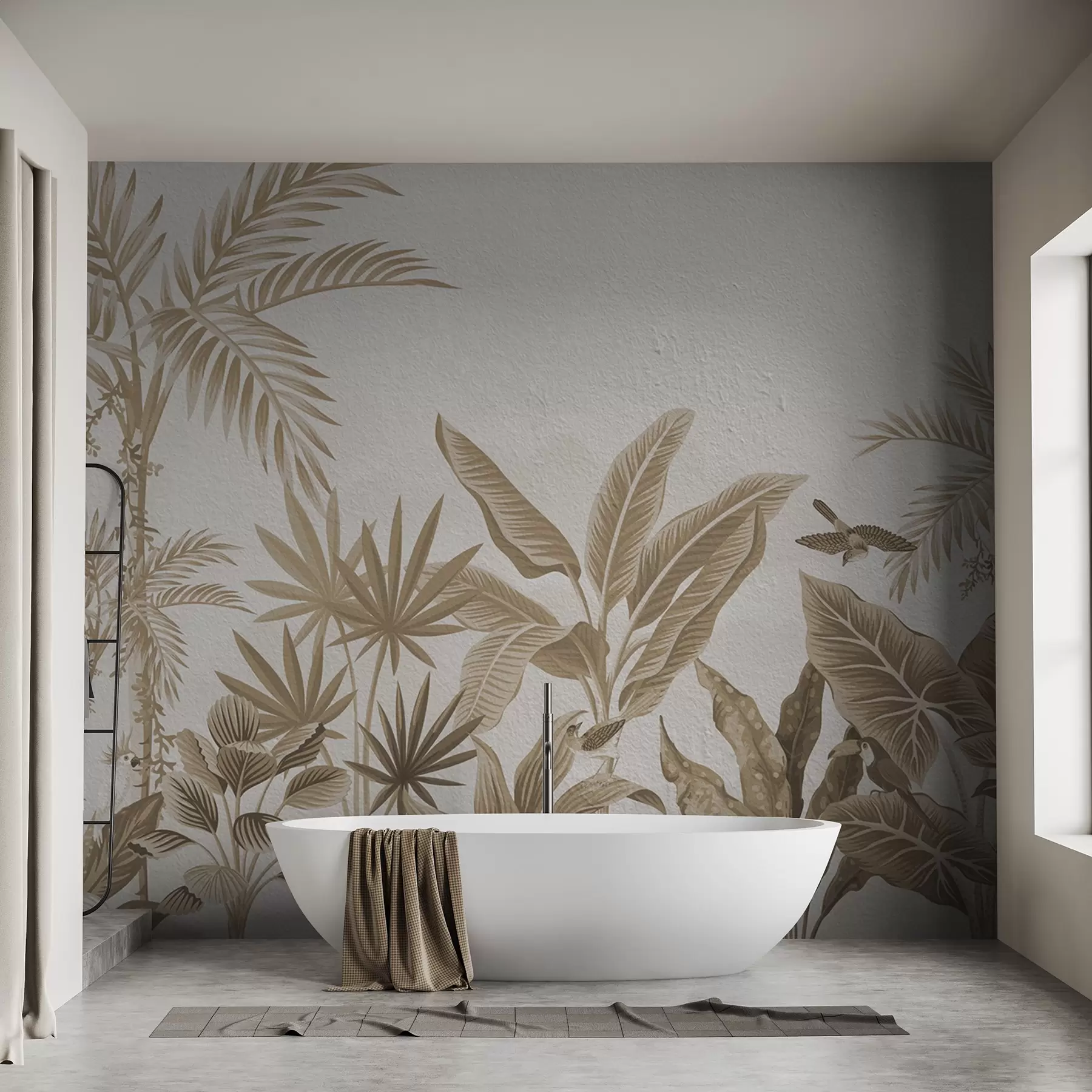 murales de pared Selva tropical con palmeras y pájaros en tonos sepia w08496v1