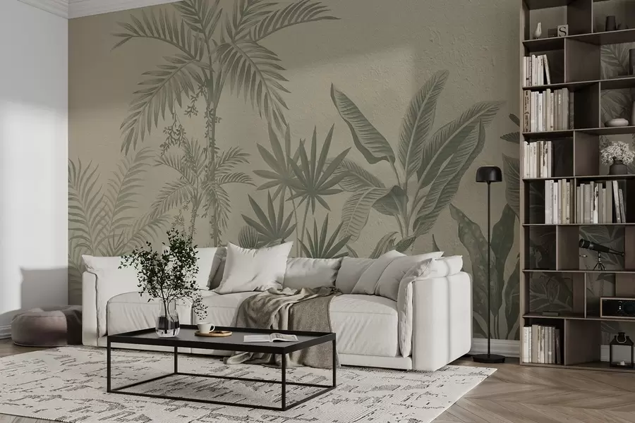 murales de pared Selva tropical con palmeras y pájaros en tonos verdes w08496v2