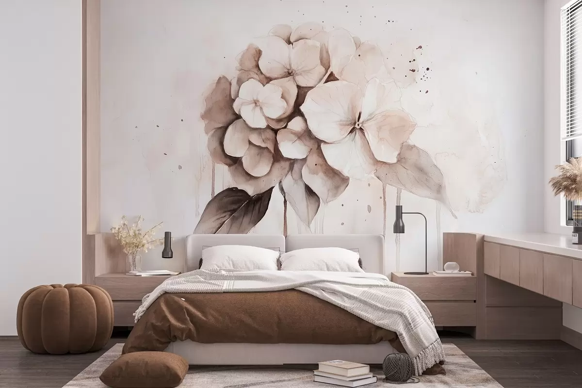murales de pared Dibujo de hortensia, estilo acuarela, colores beige w02483