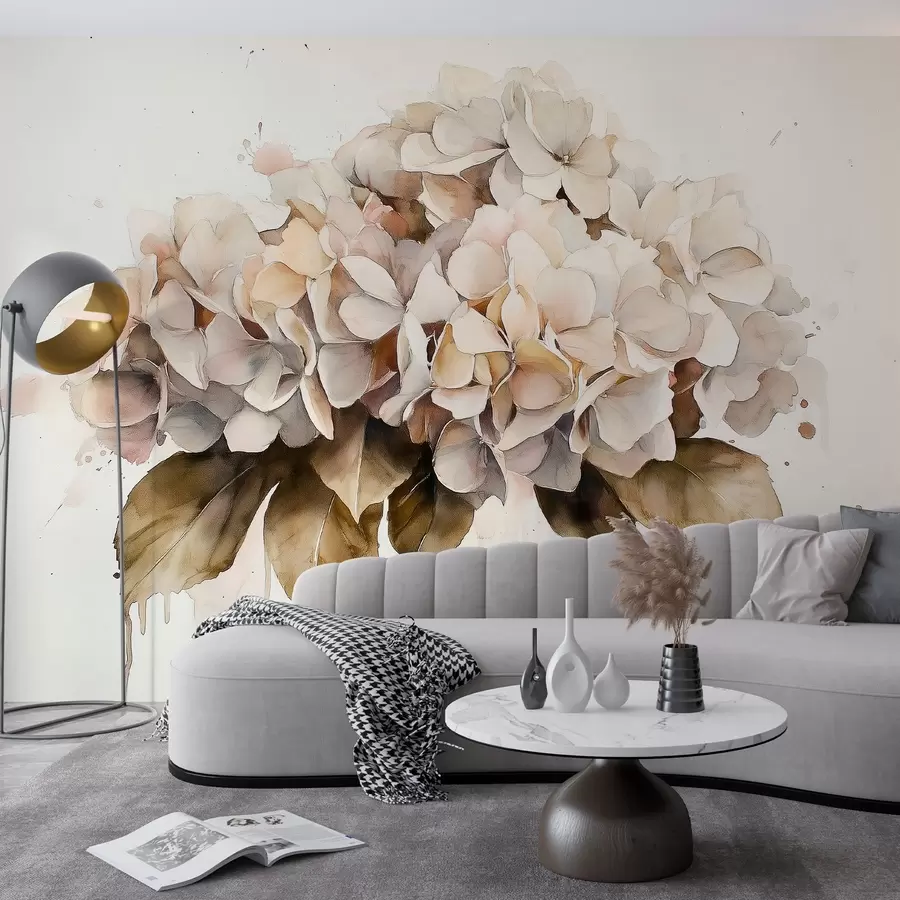 murales de pared Dibujo estilo acuarela de flor de hortensia, colores beige w02485