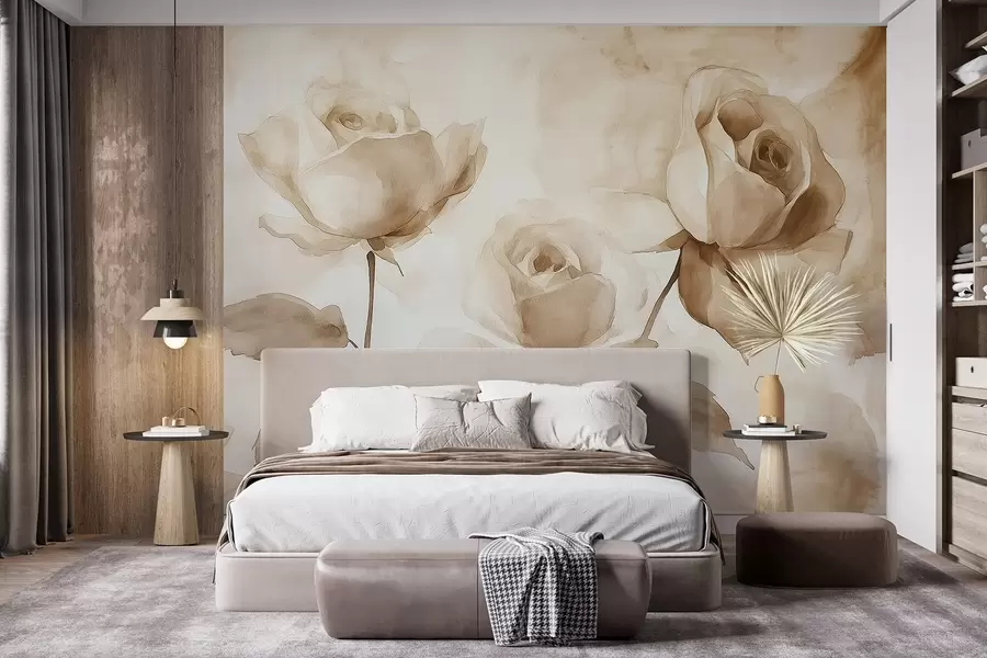 murales de pared Rosas beige, flores, dibujo acuarela suave, rústico, bohemio w02490