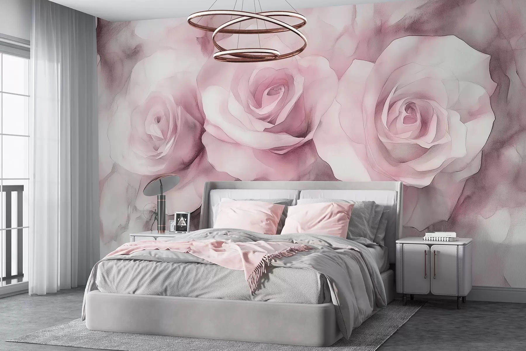 murales de pared Hermosas rosas, estilo acuarela, colores rosas, bohemio w02492v1