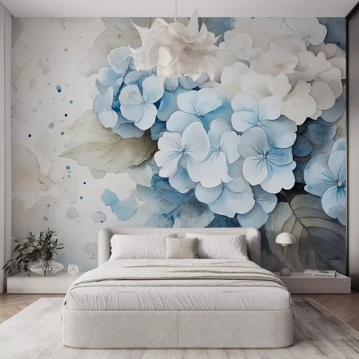 murales de pared Acuarela estilo de dibujo de flores de hortensia con hojas, colores naturales suaves w02493