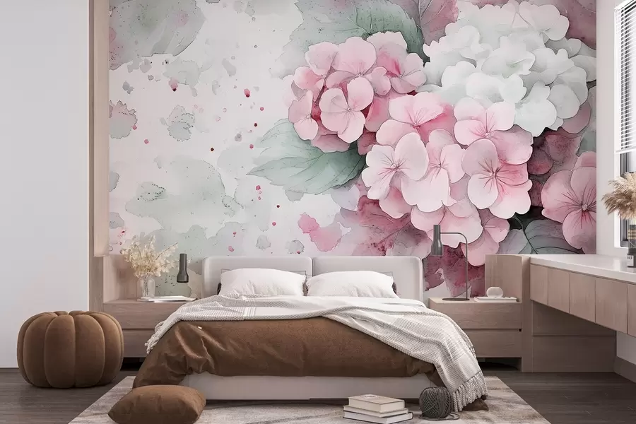 murales de pared Dibujo estilo acuarela de flores de hortensia con hojas, colores rosa suave y verde w02493v1