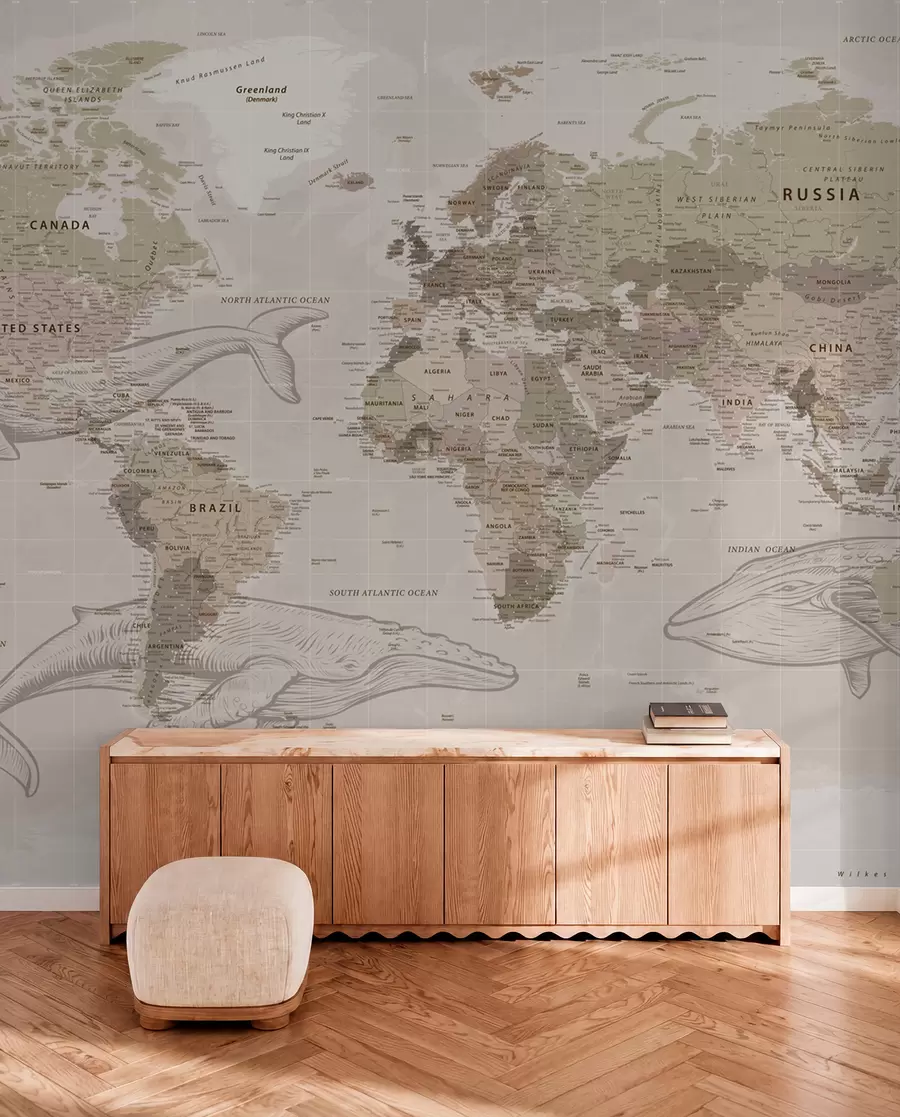 murales de pared Mapamundi con ballenas u50449
