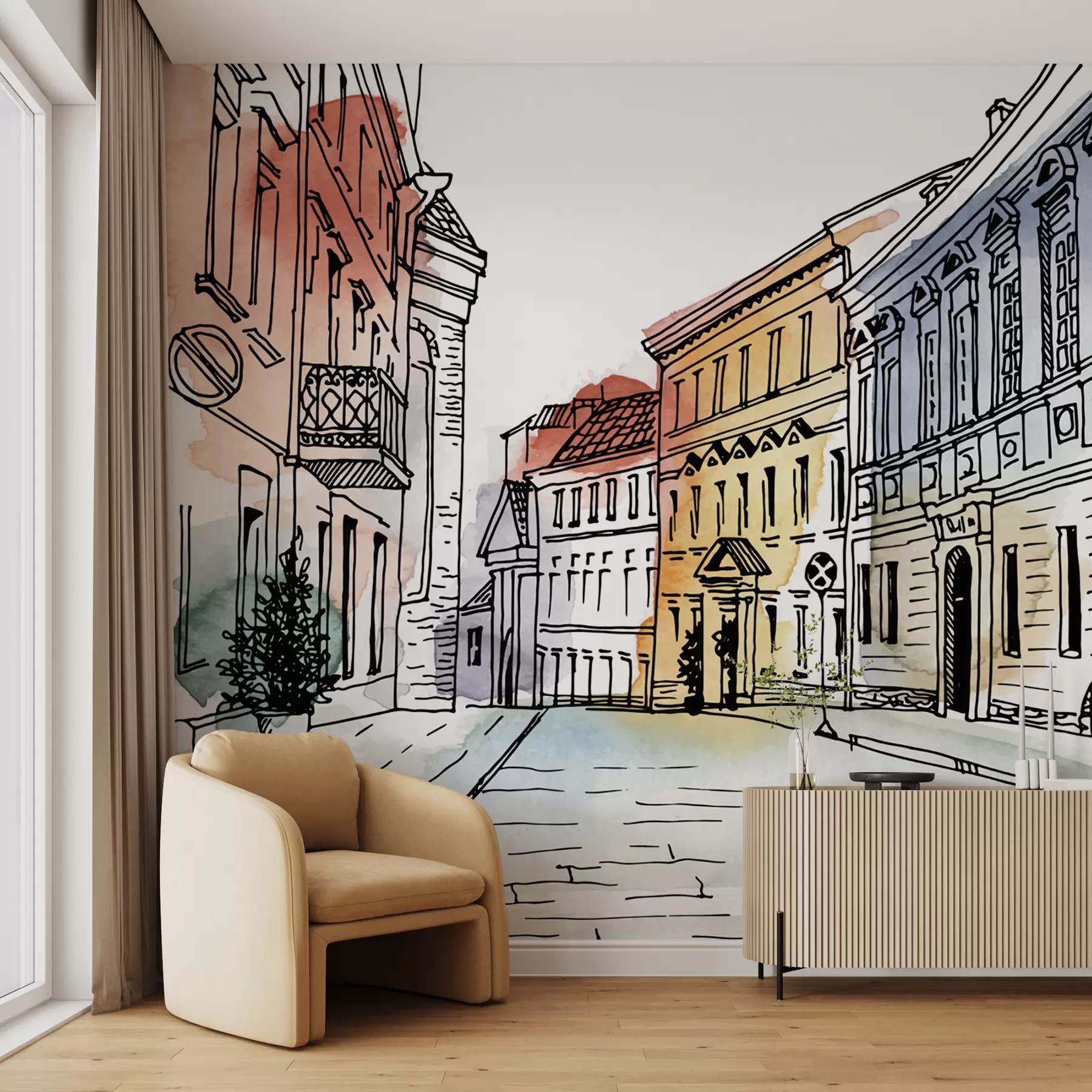 murales de pared Casco antiguo, rotulador y acuarela. u51062