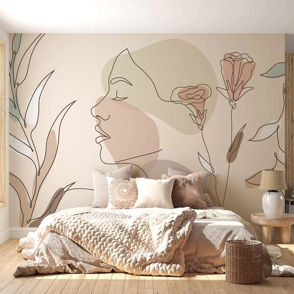 murales de pared Chica con líneas, flores de colores w02543
