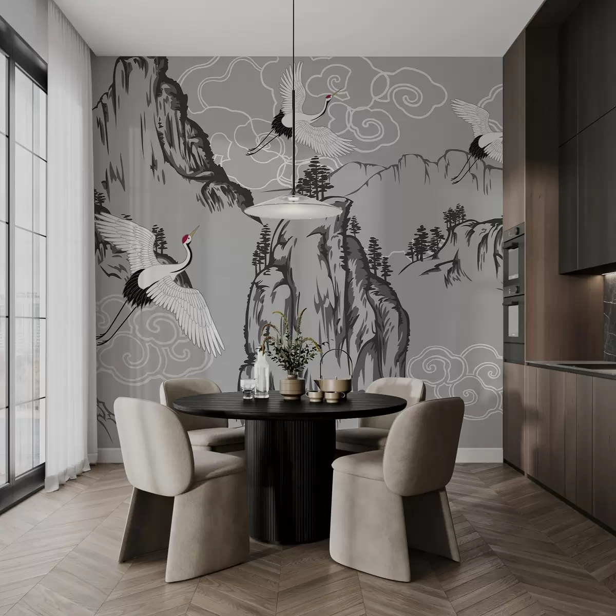 murales de pared Montañas y grullas de estilo japonés, en tonos grises w02544v1