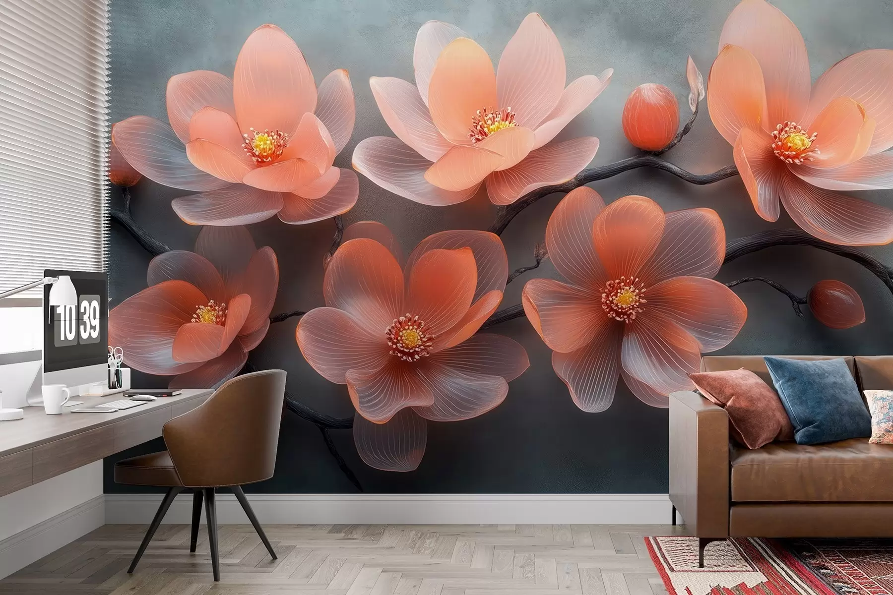 murales de pared Un ramo de flores de magnolia de cristal translúcido sobre un fondo de hormigón gris w08497