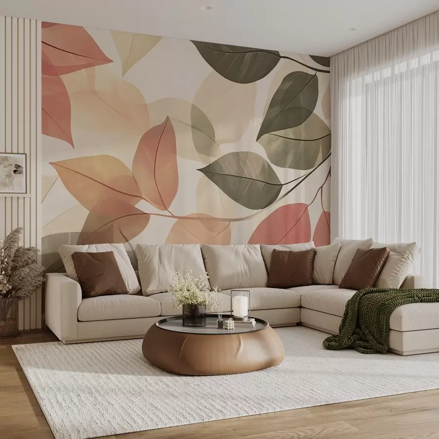 murales de pared Ramas de hojas en tonos rojos y verdes w08502