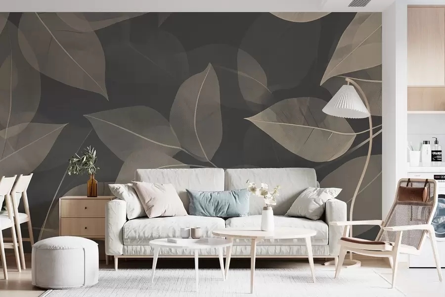 murales de pared Ramas de hojas en tonos azules y grises w08502v1