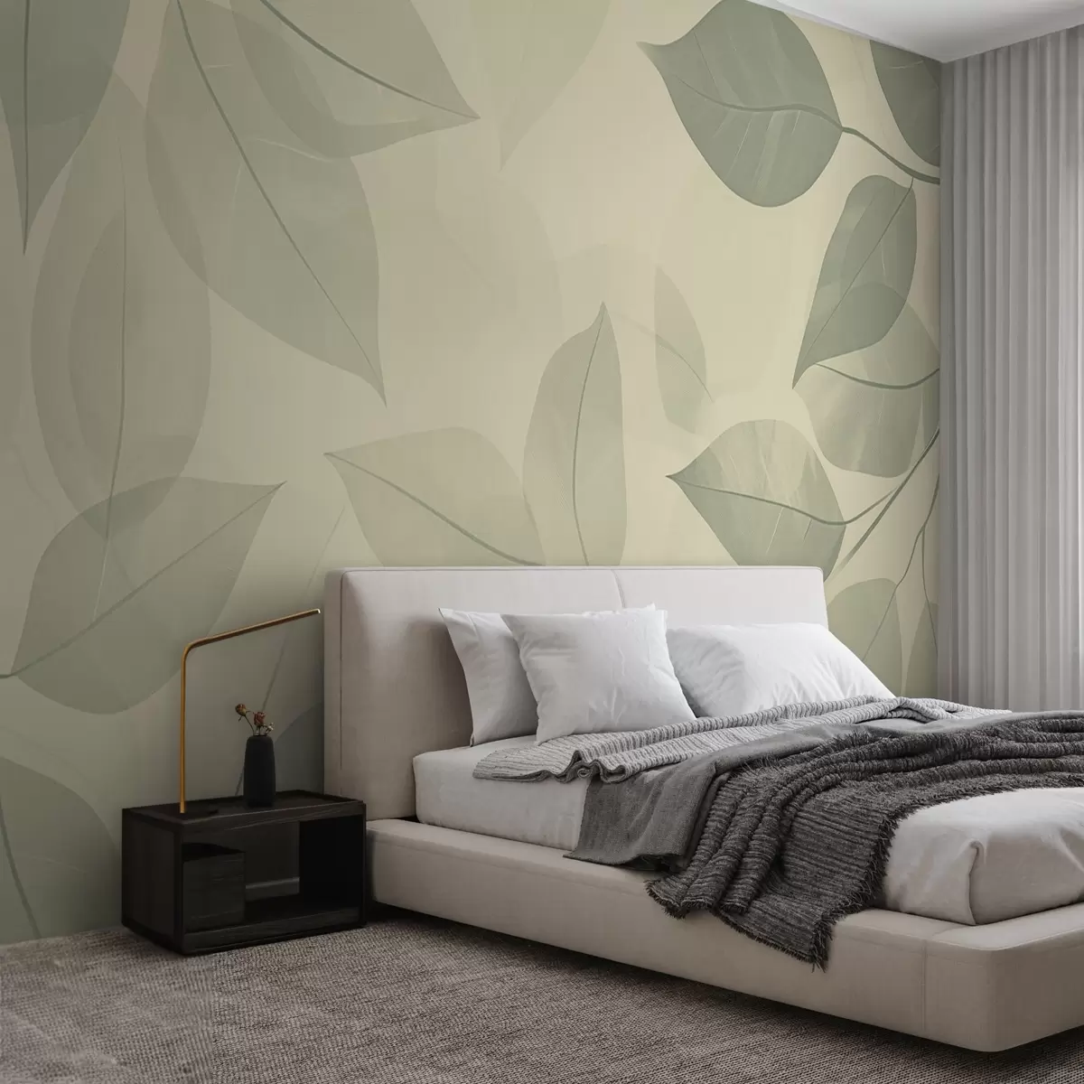 murales de pared Ramas de hojas verdes sobre fondo beige suave w08502v2