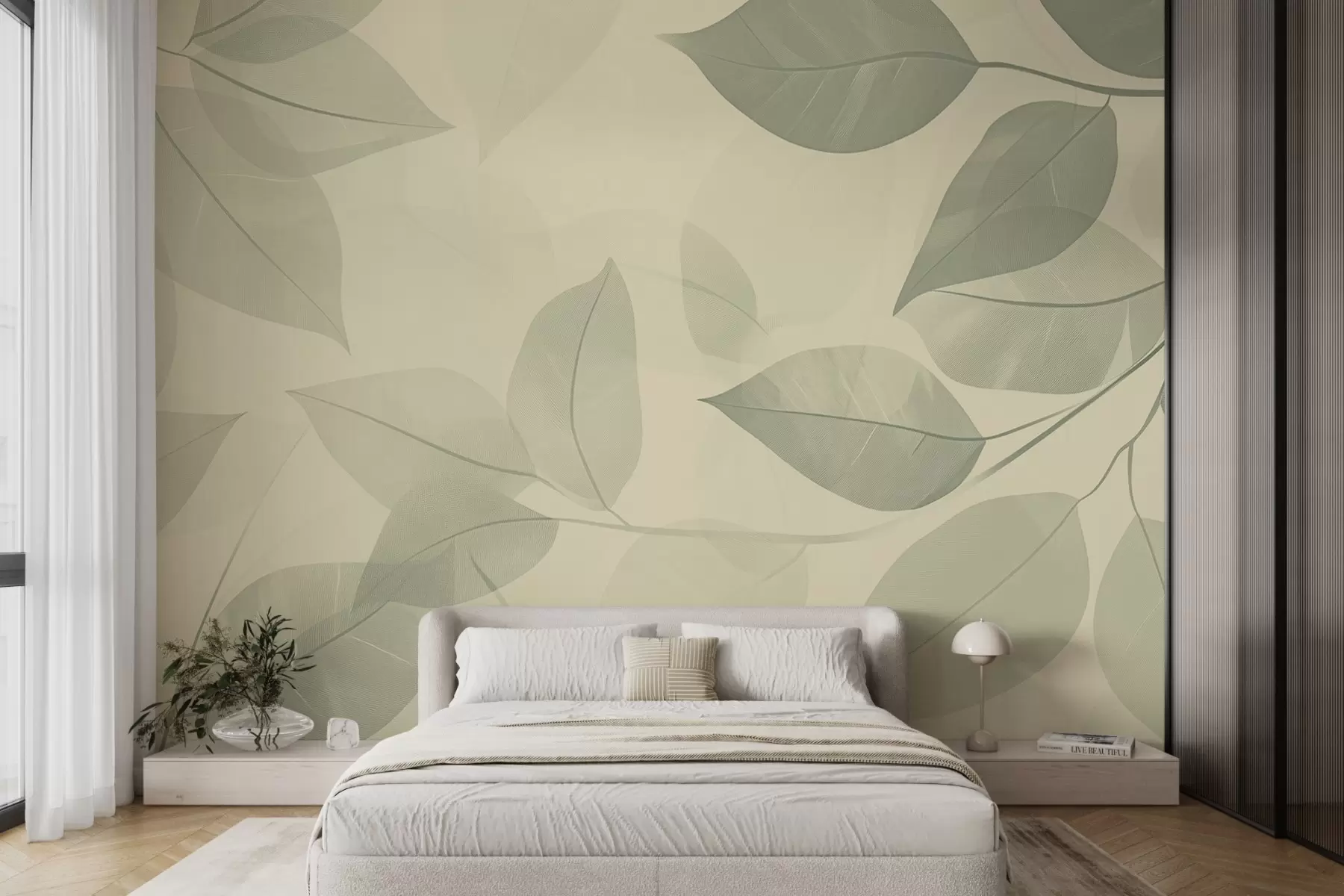 murales de pared Ramas de hojas verdes sobre fondo beige suave w08502v2