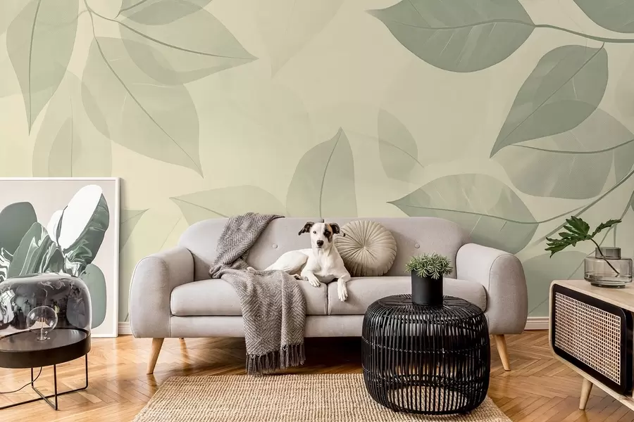 murales de pared Ramas de hojas verdes sobre fondo beige suave w08502v2