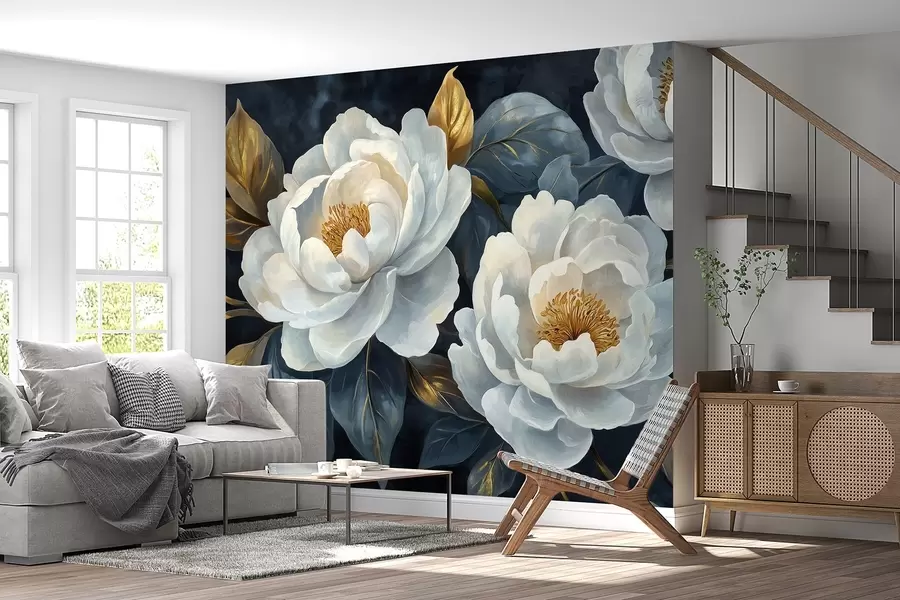 murales de pared Exuberantes peonías blancas sobre fondo azul en estilo pictórico w02315